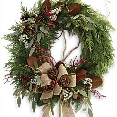 A burlap ribbon and spray of red berries brings a festive touch to this beautifully rustic flat cedar wreath. The perfect addition for your holiday decor!
This wondrous wreath includes flat cedar, curly willow, seeded eucalyptus, and magnolia leaves.